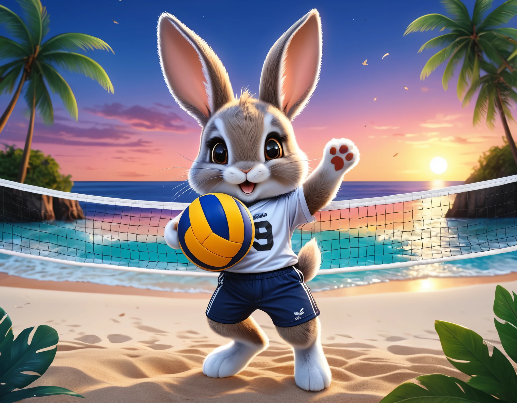 (Close-up of cute fox catches volleyball ball above volleyball net:1.2), (sport T-shirt and trousers:1.2), tropical beach with ((palms and gentle waves)), (beautiful twilight sea:1.2), setting sun, intricate design, bright colors, masterpiece in maximum 16K resolution, best quality, ultra detailed, aesthetics, absurdes.
