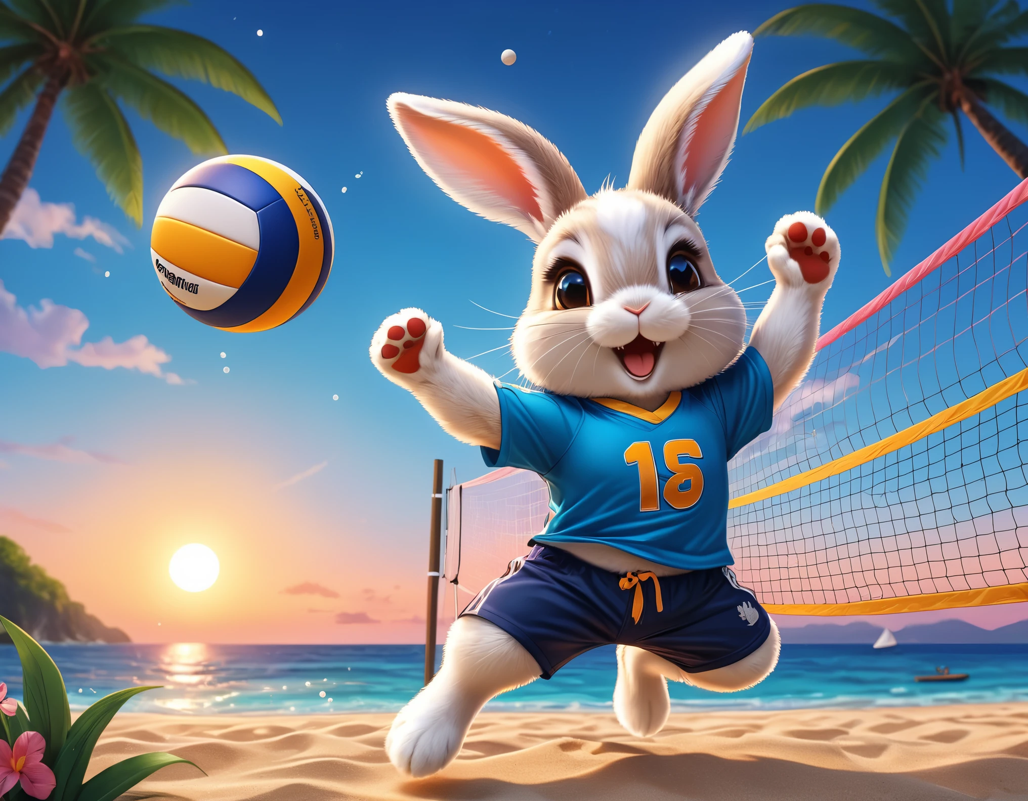 (Close-up of cute fox catches volleyball ball above volleyball net:1.2), (sport T-shirt and trousers:1.2), tropical beach with ((palms and gentle waves)), (beautiful twilight sea:1.2), setting sun, intricate design, bright colors, masterpiece in maximum 16K resolution, best quality, ultra detailed, aesthetics, absurdes.
