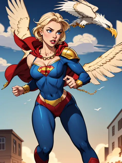 Young female, blonde with short hair, with big, bright blue eyes, wearing a blue costume, defined chest, wearing a golden should...