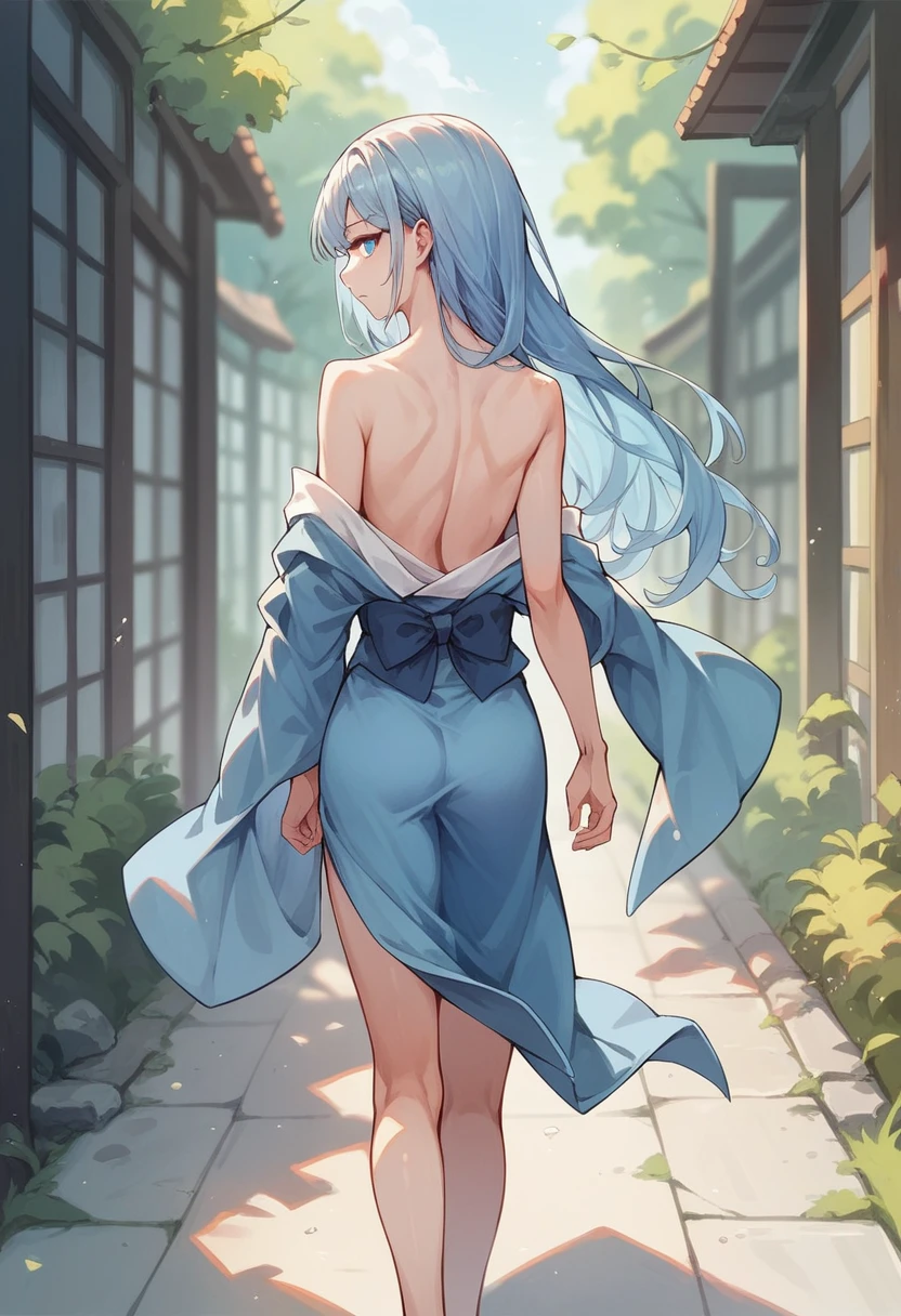 Anime School Girl, Wear a sexy outfit, Short kimono, Bare arms, Bare back, Bare shoulders, walking, Long Hair, Light blue hair, View the viewer, blue eyes