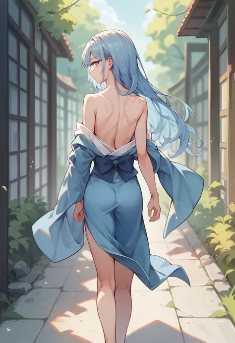 Anime School Girl, Wear a sexy outfit, Short kimono, Bare arms, Bare back, Bare shoulders, walking, Long Hair, Light blue hair, ...