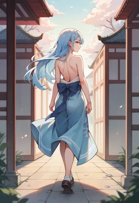 Anime School Girl, Wear a sexy outfit, Short kimono, Bare arms, Bare back, Bare shoulders, walking, Long Hair, Light blue hair, ...