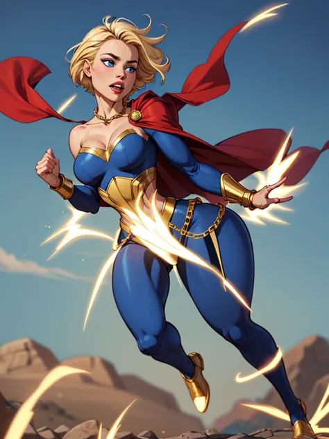 Young female, blonde with short hair, with big, bright blue eyes, wearing a blue costume, defined chest, wearing a golden should...