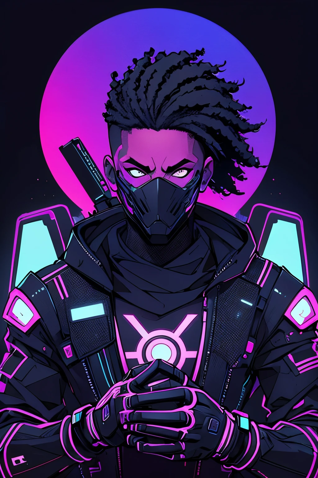 black man computer hacker, Cyberpunk, epic illustration, vector, 2d illustration, black background, very colorful, full gradient modern colors, Focused, front view