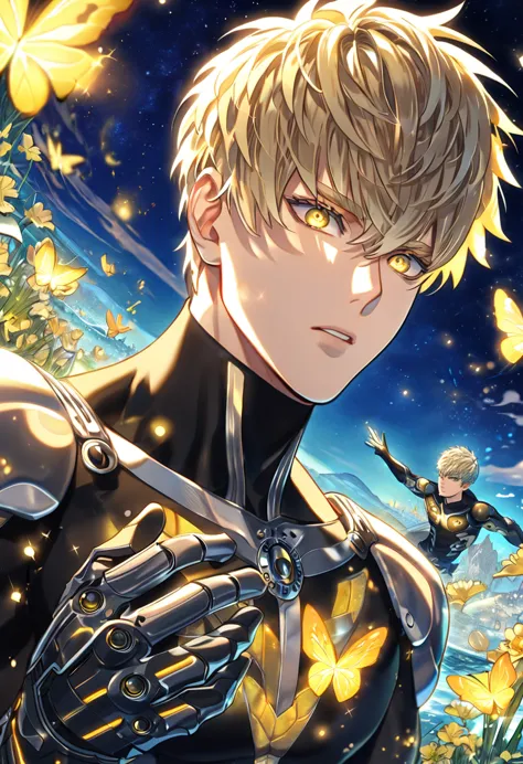 absurdres, highres, ultra detailed, HDR, master piece, best quality, extremely detailed, Genos, ash-blonde hair, expressive yell...
