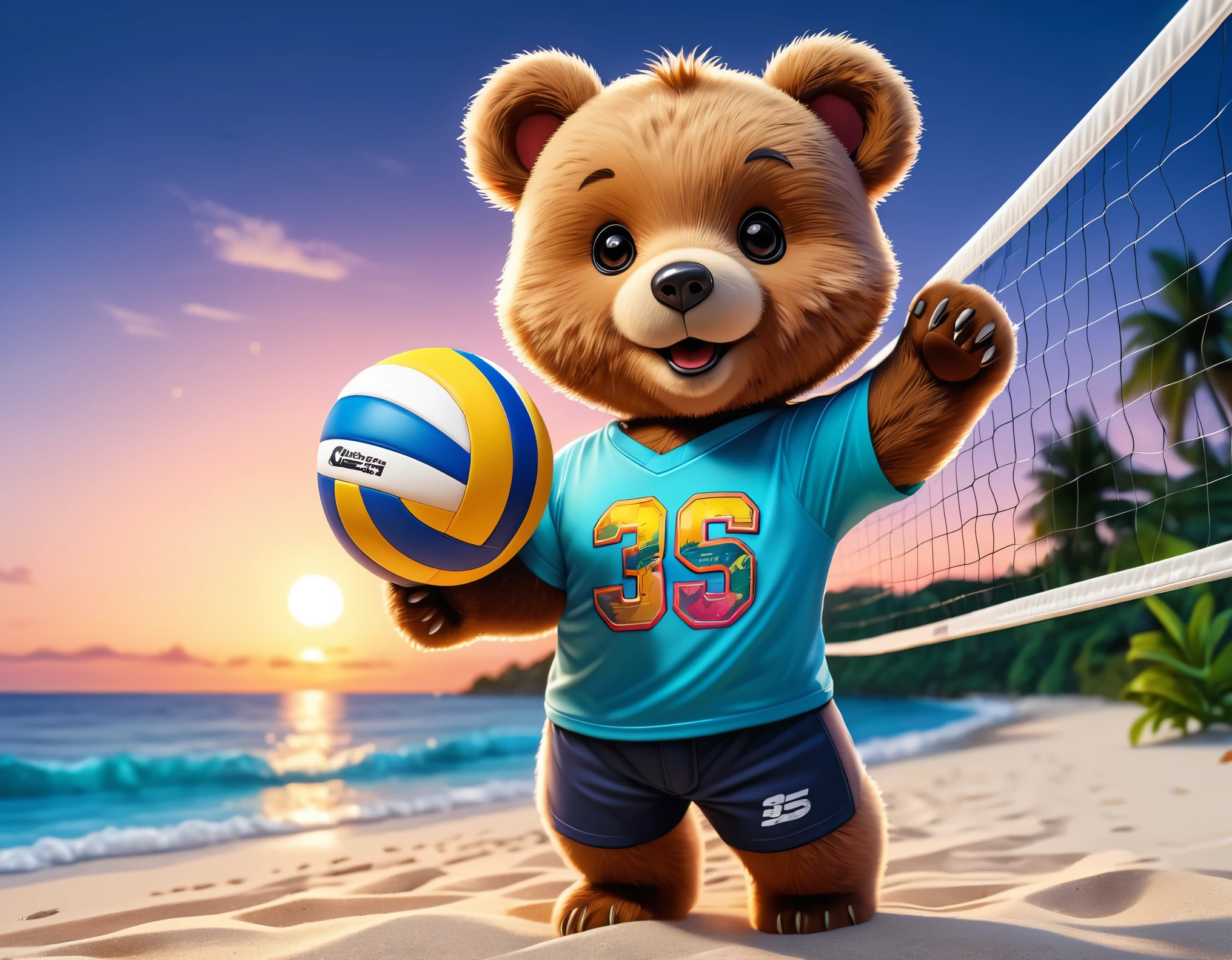 (Close-up of cute fox catches volleyball ball above volleyball net:1.2), (sport T-shirt and trousers:1.2), tropical beach with ((palms and gentle waves)), (beautiful twilight sea:1.2), setting sun, intricate design, bright colors, masterpiece in maximum 16K resolution, best quality, ultra detailed, aesthetics, absurdes.
