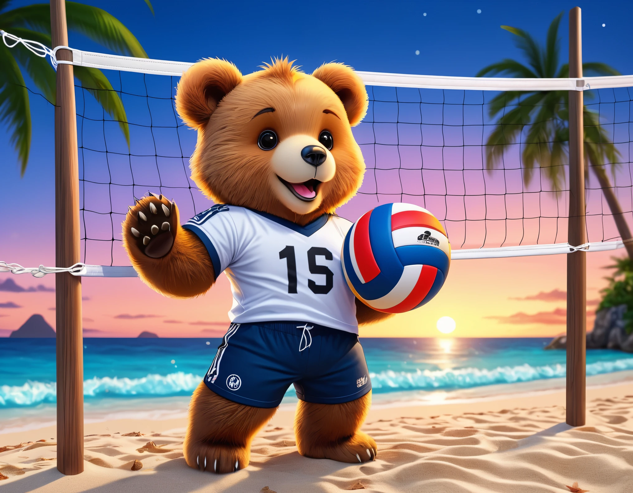 (Close-up of cute fox catches volleyball ball above volleyball net:1.2), (sport T-shirt and trousers:1.2), tropical beach with ((palms and gentle waves)), (beautiful twilight sea:1.2), setting sun, intricate design, bright colors, masterpiece in maximum 16K resolution, best quality, ultra detailed, aesthetics, absurdes.
