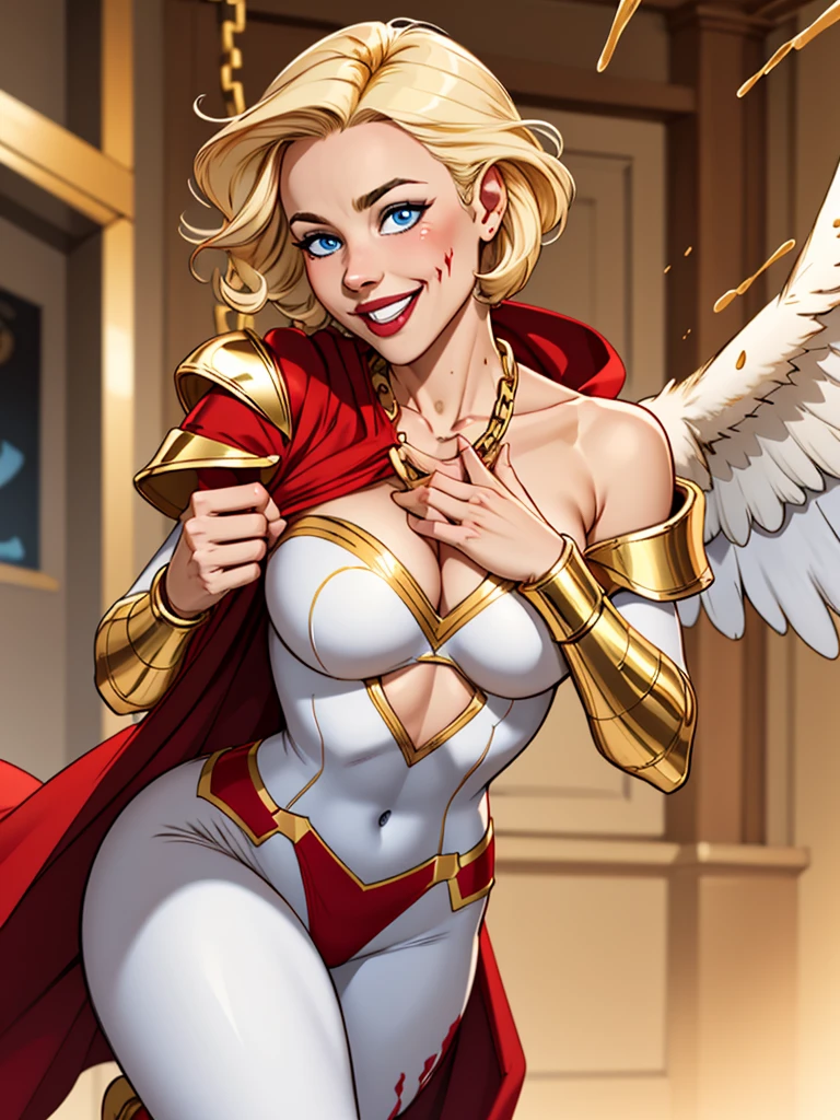 Young female, blonde with short hair, with big, bright blue eyes, wearing a white costume, defined chest, wearing a golden shoulder pad in the shape of an eagle, with a golden chain running across his chest holding a red cape Smiling with blood splash on face and clothes 