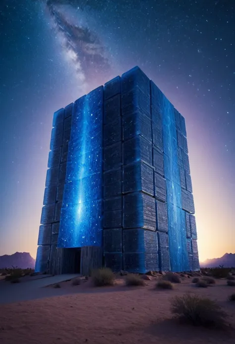 gummiray massive structure, backlight, blue shades, starry night, desert background