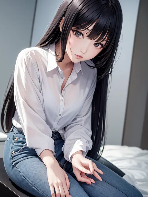 In manhwa art style young adult south Korean woman in her 29 years old. Her hair is long and black color. Her face is oval than ...