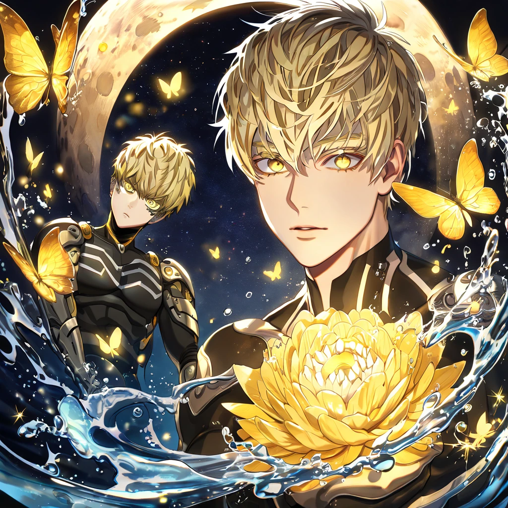 absurdres, highres, ultra detailed, HDR, master piece, best quality, extremely detailed, Genos, ash-blonde hair, expressive yellow eyes, One Punch Man, solo, sexy man, handsome, black clothes, fantasy, water, sparkling, yellow glittering fireflies, moon, yellow flowers, yellow butterflies, starry sky