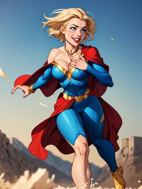 Young female, blonde with short hair, with big, bright blue eyes, wearing a blue costume, defined chest, wearing a golden should...