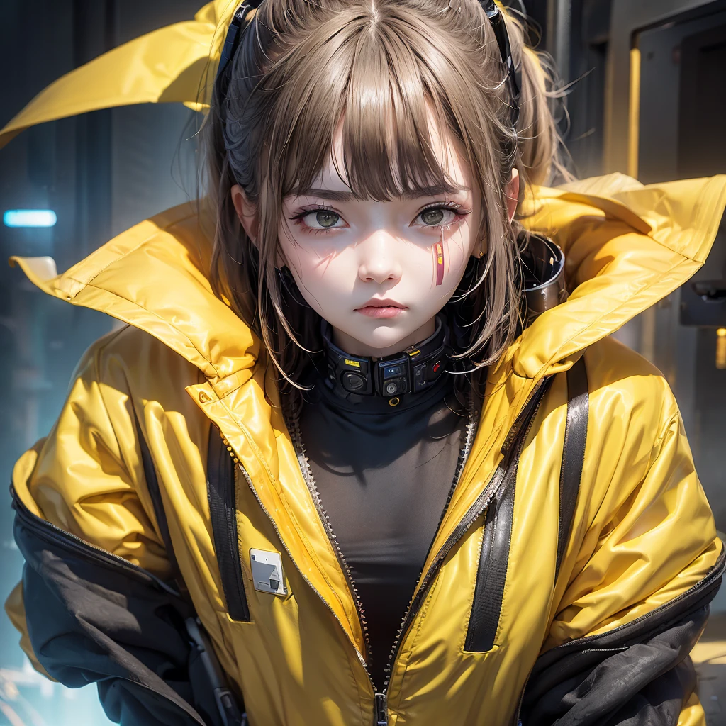 (Highest quality:1.2)。One Woman。Angry expression。(Wearing a yellow jacket cyberpunk coustem)。(stand)。The background is a black。(black shoes) , (full face) , (upper body) 