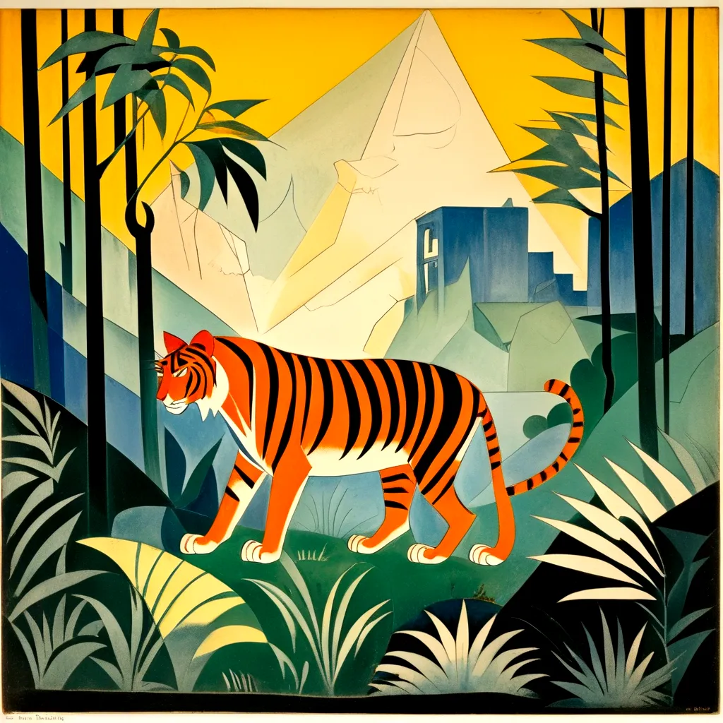 (((Lyonel Feininger art style))), tiger in jungle
