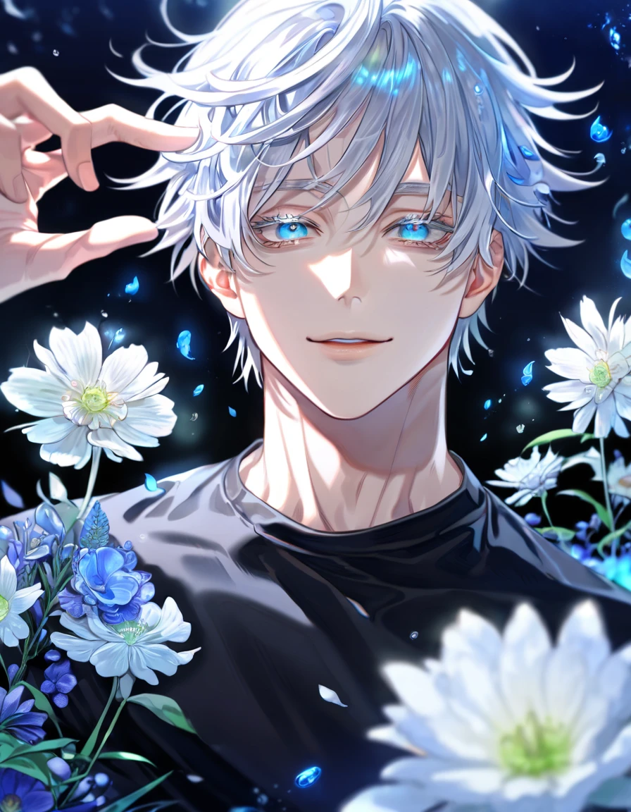 absurdos, alta resolução, ultra detalhado, HDR, obra de arte, Okkotsu Yuuta, cabelo branco, cílios brancos, olhos azuis expressivos, jujutsu kaisen, Homem sexy, bonito, melhor qualidade, lua Azul, Flores, fantasia, mágico, Sozinho, água, vaga-lumes azuis brilhantes, pétalas azuis, camisa preta apertada, bonito smile,