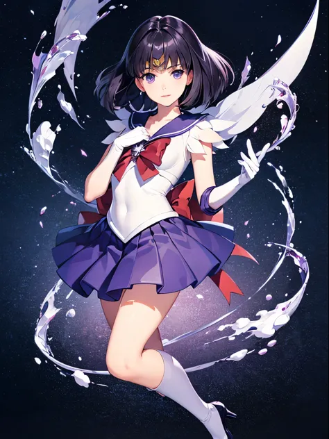 Sailor Saturn, 1 girl, black hair, short hair, purple eyes, detailed eyes, simple background, female focus, alone, Standing, Hot...