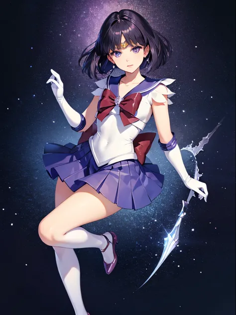 sailor saturn, 1 girl, black hair, short hair, purple eyes, detailed eyes, simple background, female focus, alone, standing, hot...