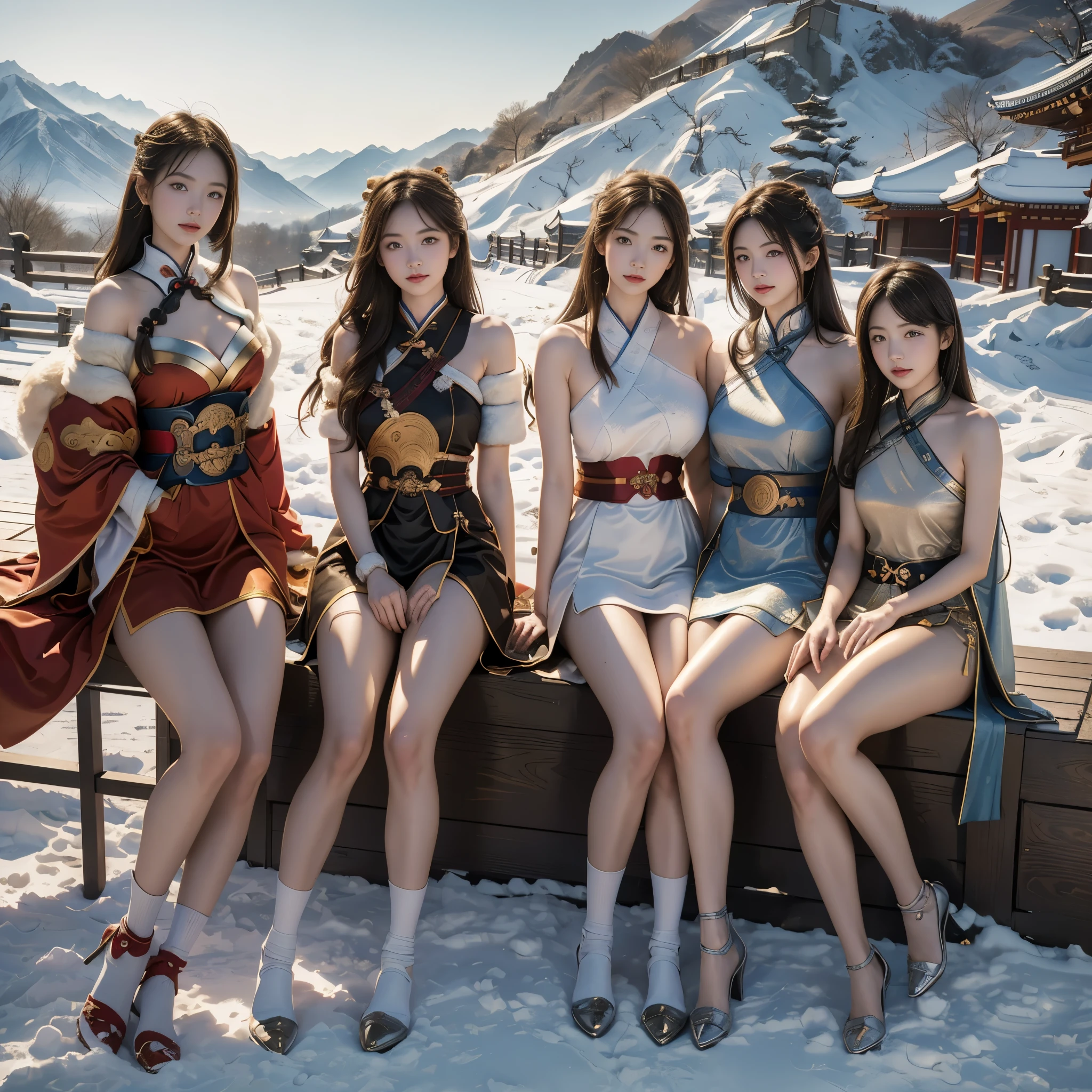 (sketch drawing), (digital painting), four girls in a dynamic position next to each other, attention to their white and shaved legs, (Chinese imperial warrior), (Japanese imperial warrior), (Japanese imperial samuray), (imperial warrior Korean), historical, in the afternoon, snowy mountain behind. RAW