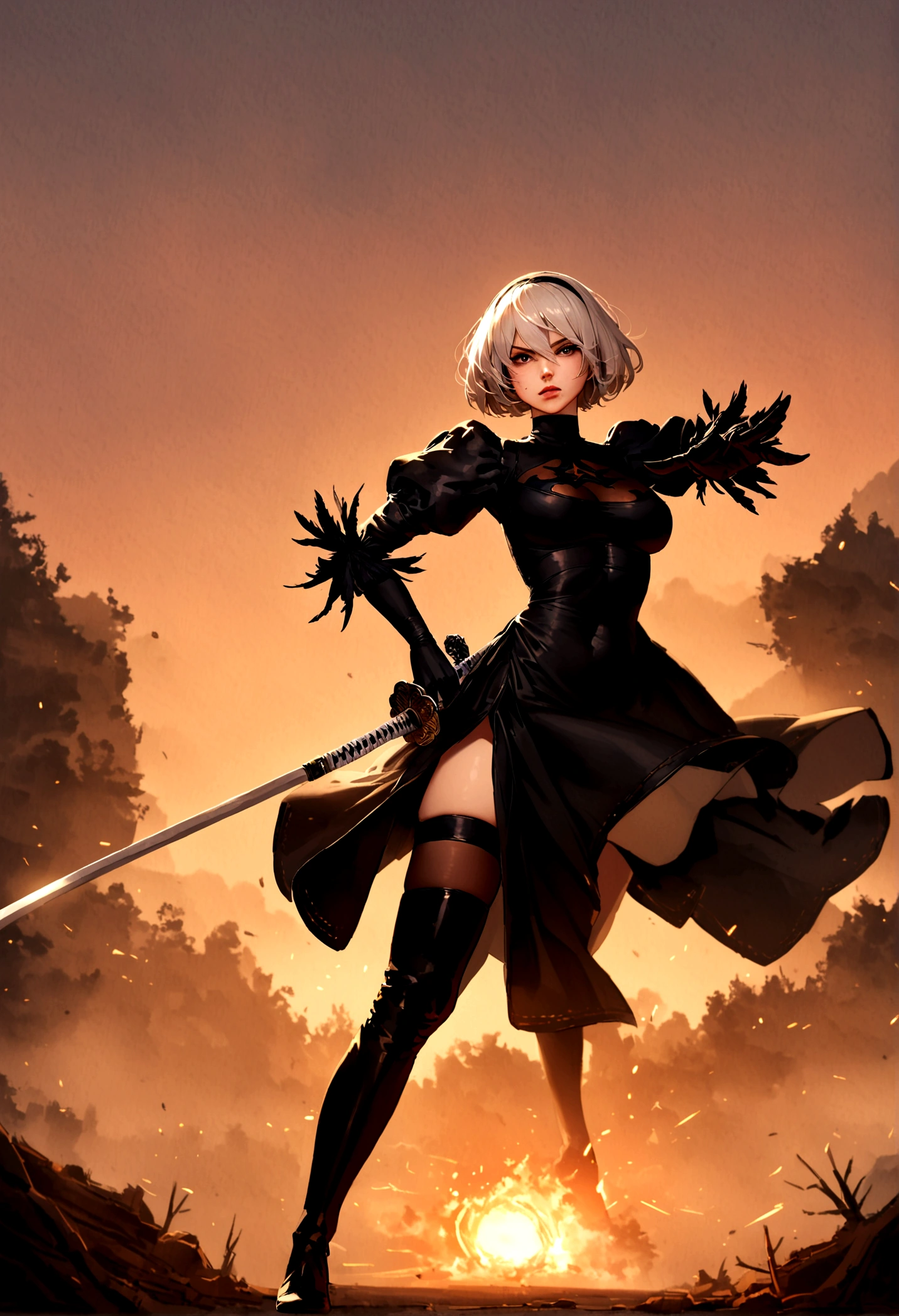 2b,(work of art), ultra detaild, fully body, soft hair, black gown, neckleace, Action, battle pose, standing with legs open, katana, wall-paper, destroyed forest background, SUNSET, smoke in the sky, sparks, serious facial expression, ideal female body, adult, opaque color palette, 真实感, ( realistic styling)
