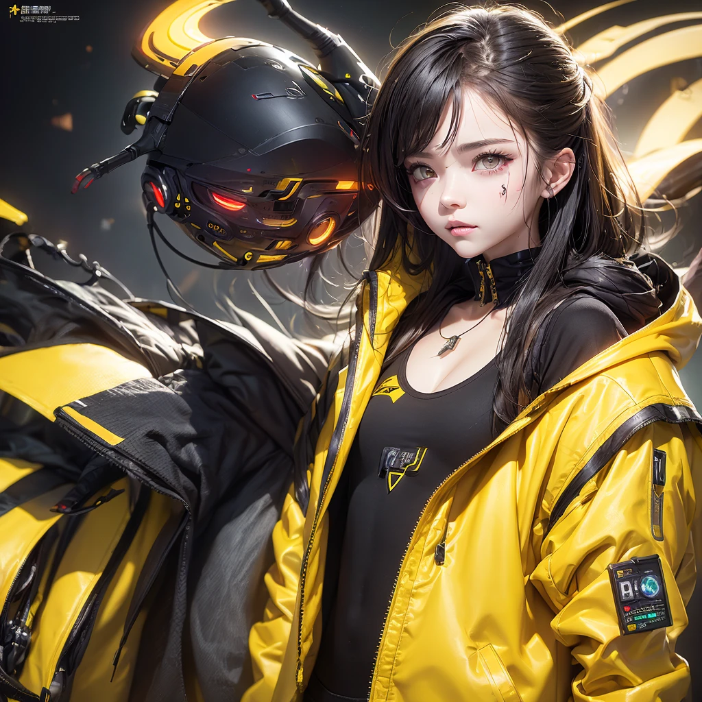 (Highest quality:1.2)。One Woman。Angry expression。(Wearing a yellow jacket cyberpunk coustem)。(yellow eyes)。The background is a black。(black shoes) , (full face) , (upper body) 