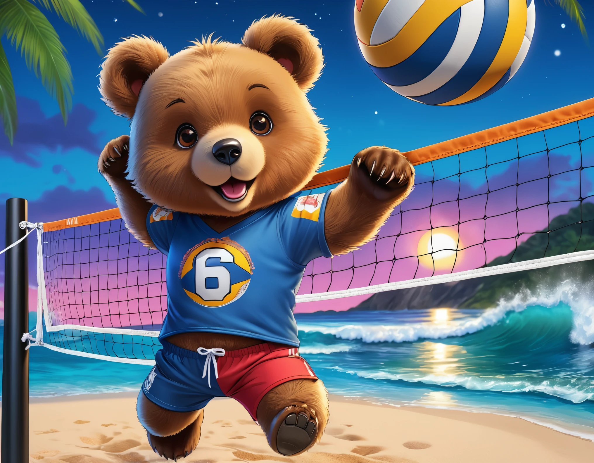 (Close-up of cute fox catches volleyball ball above volleyball net:1.2), (sport T-shirt and trousers:1.2), tropical beach with ((palms and gentle waves)), (beautiful twilight sea:1.2), setting sun, intricate design, bright colors, masterpiece in maximum 16K resolution, best quality, ultra detailed, aesthetics, absurdes.
