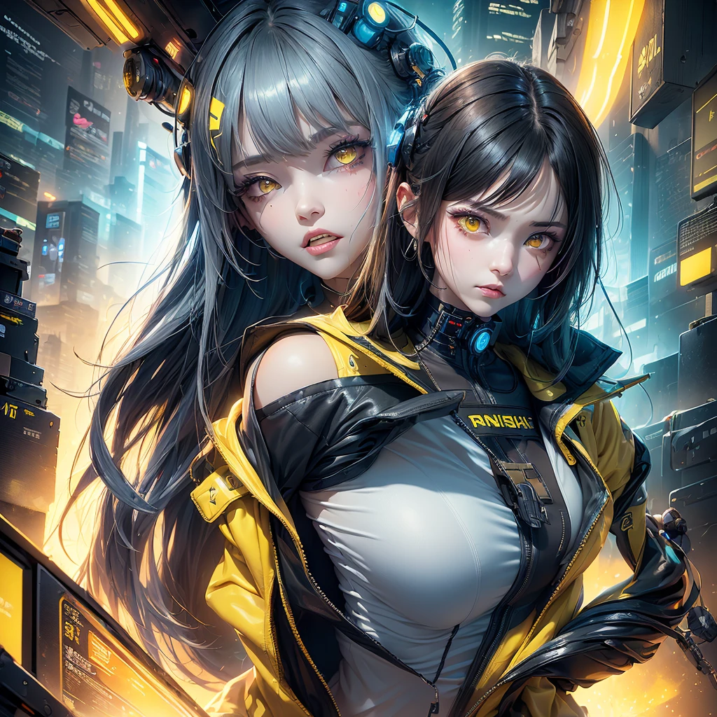 (Highest quality:1.2)。One Woman。Angry expression。(Wearing a yellow jacket cyberpunk)。(yellow eyes) ,(large breast)。The background is a black。(black shoes) , (full face) , (upper body) 