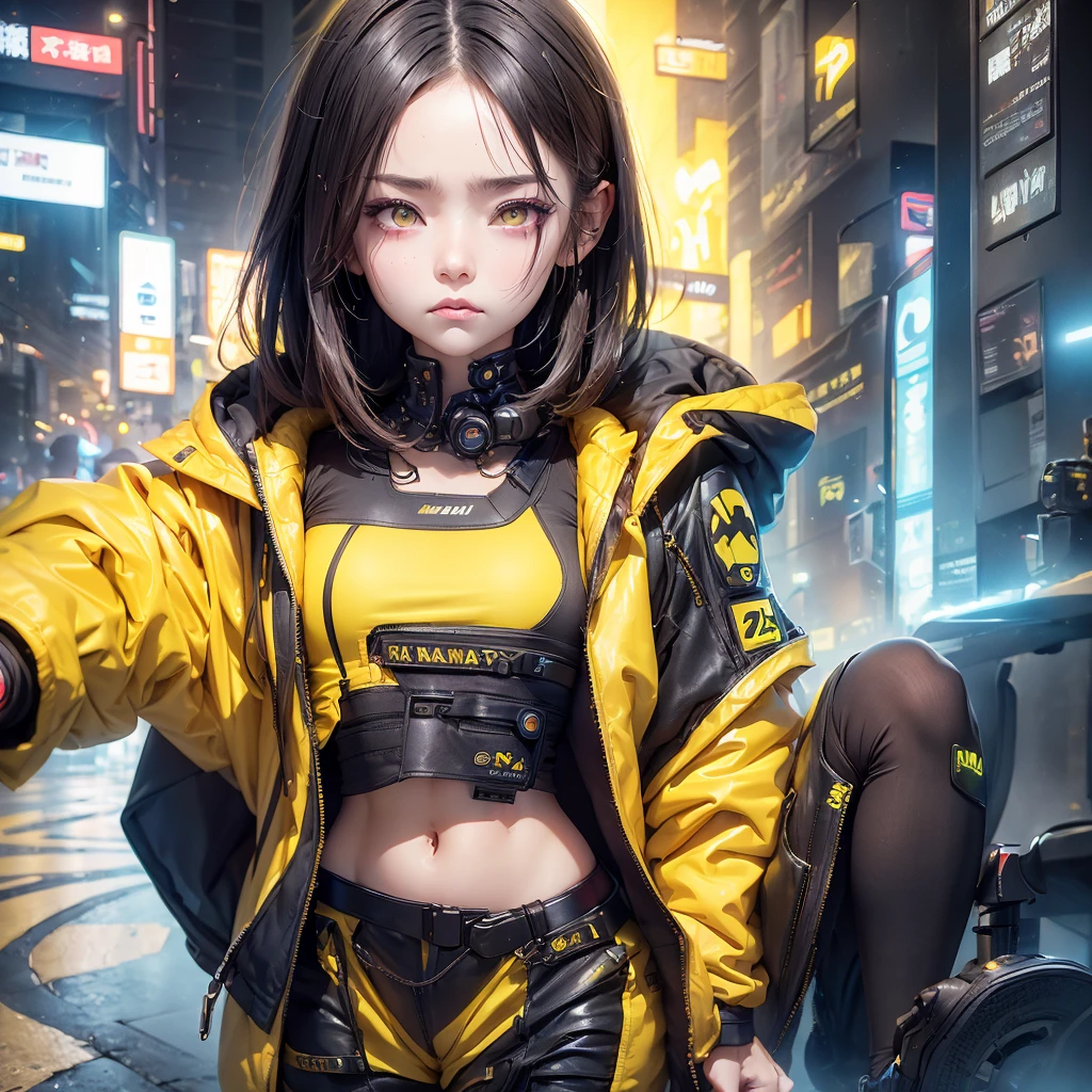 (la plus haute qualité:1.2)。Une femme。expression de colère。(Porter une veste jaune cyberpunk)。(les yeux jaunes) ,。Le fond est noir。(Chaussures noires) , (visage complet) , (Haut du corps) 