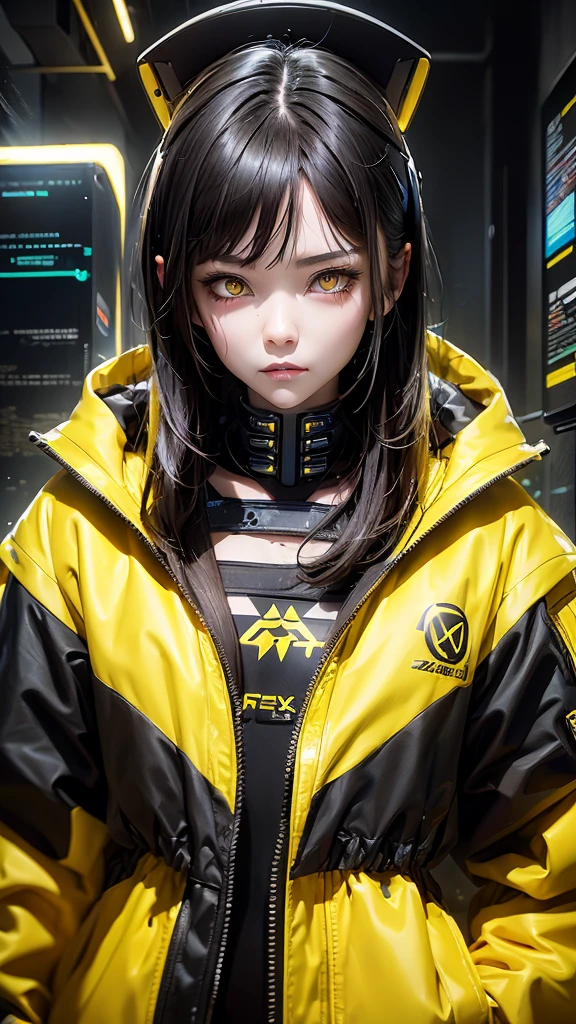 (Highest quality:1.2)。One Woman。Angry expression。(Wearing a yellow jacket cyberpunk)。(yellow eyes) ,。The background is a black。(black shoes) , (full face) , (upper body) 