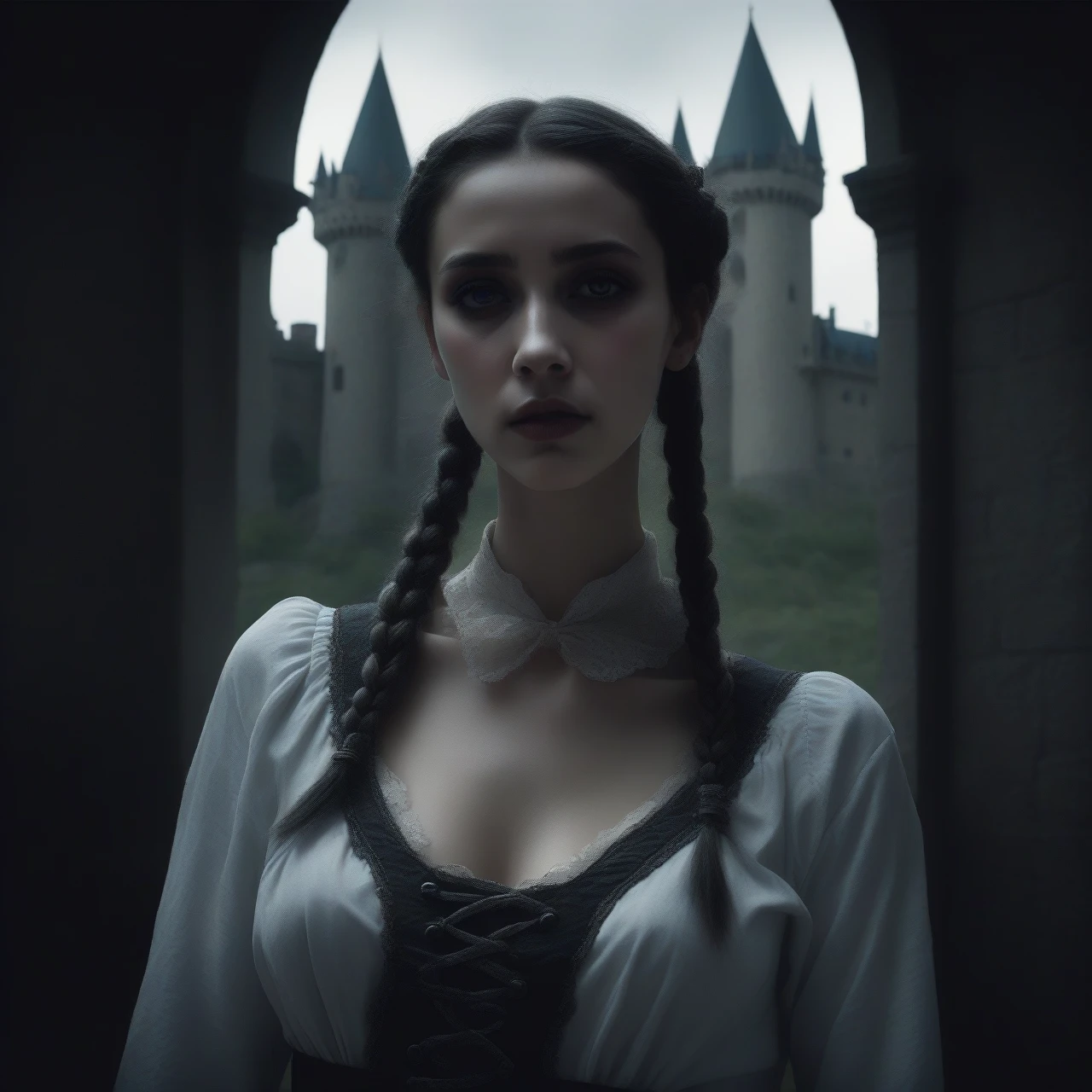 photo the (ohwx woman) like Wednesday Adamas, wearing gothic clothes, braided pigtails, In a castle, sharp focus, looking to the camera, make up, cinematic look, Highly detailed 8k unified CG wallpaper, beautiful and generous 23 year old girl, delicate clavicle, sexy and charming pose, white shirt excellent texture, light blue sky gray pants, high detail, dramatic, midway art, Cushioned figure, Disturbing image, mysterious creepy portrait, Bill Henson, dark schizophrenia portrait, ghostly figure, figure in the dark, Bastien Lecouffe - Deharme, Eugene&#39;s career,a beautiful italian woman, ((Marilyn Monroe:Michelle Pfeiffer:0.5)), (peasant bodice), (medium breasts), (perfect body), carmine painted lips,