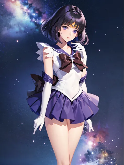 Sailor Saturn, 1 girl, black hair, short hair, purple eyes, detailed eyes, simple background, female focus, alone, Standing, Hot...