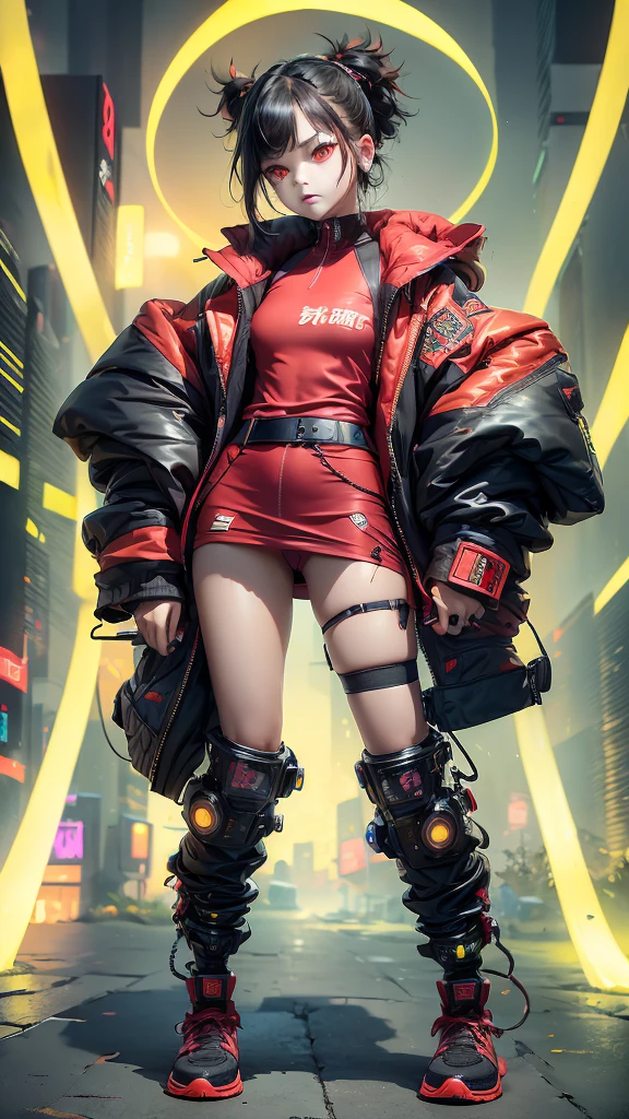 (Highest quality:1.2)。One Woman。Angry expression。(Wearing a red jacket cyberpunk)。(yellow eyes) ,。The background is a black。(black shoes) , (full face) , (full body) 