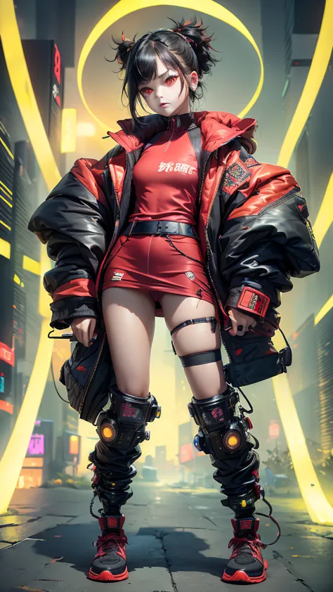 (Highest quality:1.2)。One Woman。Angry expression。(Wearing a red jacket cyberpunk)。(yellow eyes) ,。The background is a black。(bla...