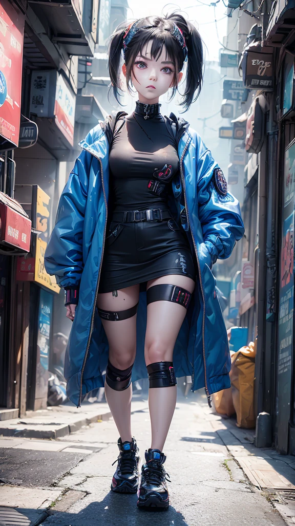 (Highest quality:1.2)。One Woman。Angry expression。(Wearing a blue jacket cyberpunk)。(blue eyes) ,。The background is a black。(black shoes) , (full face) , (full body) 