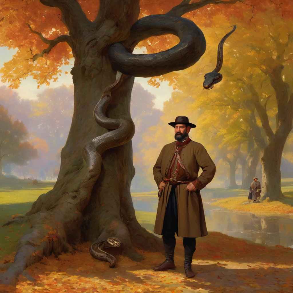 A middle-aged Georgian man in a traditional outfit, with a serious face, looking forward, standing under a giant oak tree. A man bound by a snake, another man holding the snake's head. The scene is set in autumn, with leaves scattered on the ground. The artwork is in the style of Albert Bierstadt.
