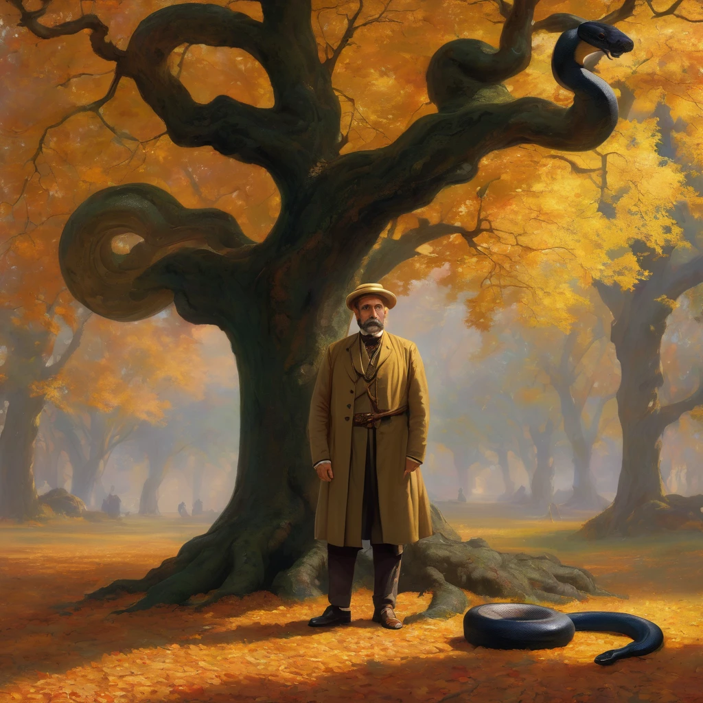 A middle-aged Georgian man in a traditional outfit, with a serious face, looking forward, standing under a giant oak tree. A man bound by a snake, another man holding the snake's head. The scene is set in autumn, with leaves scattered on the ground. The artwork is in the style of Albert Bierstadt.
