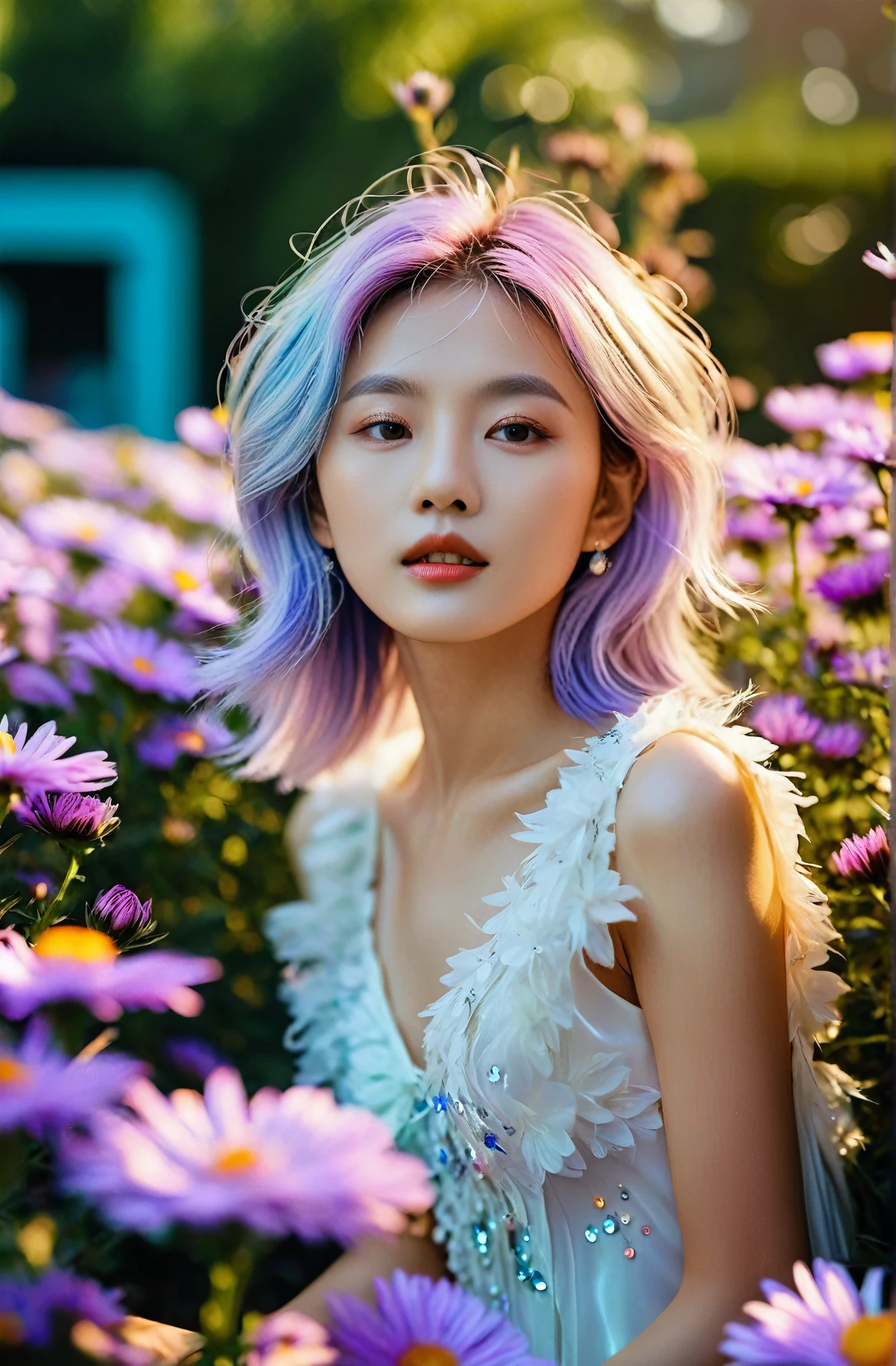 cinematic photo prismatic fairy girl,in Aster garden environment + bokeh + polychromatic hues + crisp + clear ,Jung Ji-Yeon from South Korea,white  shag hair,leogirl . 35mm photograph, film, bokeh, professional, 4k, highly detailed