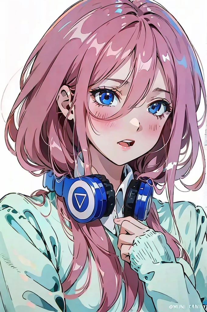 best quality, masterpiece, highres, solo, {nakano_miku_gotoubunnohanayome:1.15}, long_hair, brown_hair, bangs, hair_between_eyes, blue_eyes, headphones_around_neck, headphones, blush, closed_mouth, shiny_hair, 1girl, open_mouth, shirt, upper_body, white_shirt, brick_wall, long_sleeves, shiny