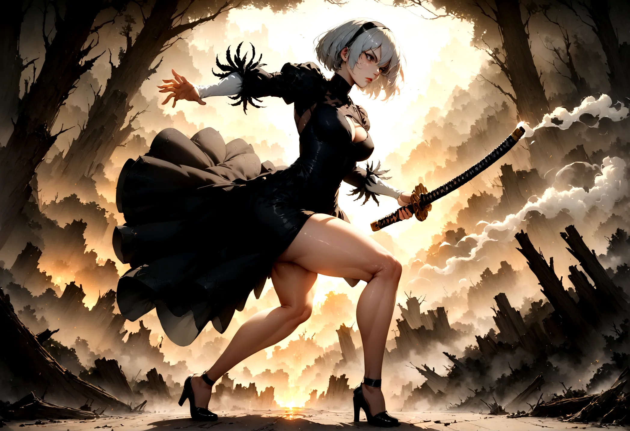 2b,(work of art), ultra detaild, fully body, soft hair, black gown, neckleace, Action, battle pose, standing with legs open, kat...