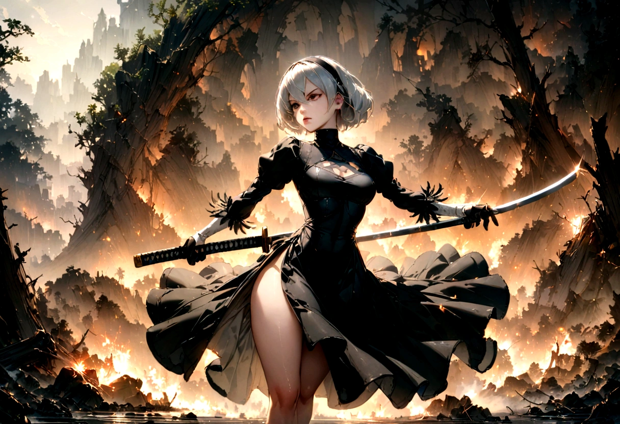 2b,(work of art), ultra detaild, fully body, soft hair, black gown, neckleace, Action, battle pose, standing with legs open, katana, wall-paper, destroyed forest background, SUNSET, smoke in the sky, sparks, serious facial expression, ideal female body, adult, opaque color palette, 真实感, ( realistic styling), perfect arms, detailed hands, perfect hand, Chaotic background