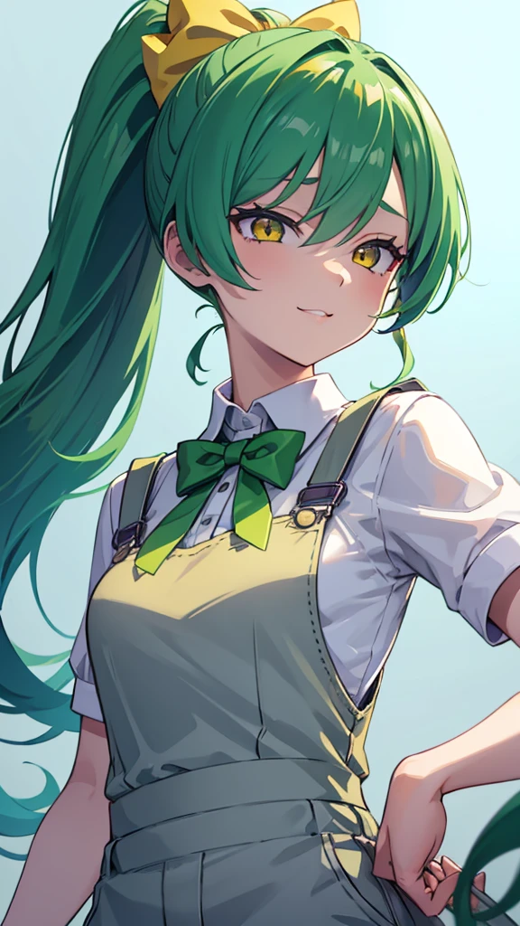 upper body,1girl,green hair,yellow eyes,long ponytail,white suit,green overalls,Purple bow tie,detailed face,central framing,mesugaki,hyper detailed,cinematic lighting,best quality,masterpiece,blue background