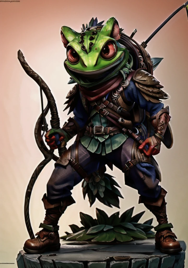 grippli, frog warrior, angry, fierce, bow, arrow, shooting, red, chibi, ultra detailed digital art, Peter Mohrbacher, 3d model, , dramatic, trending on artstation, sharp focus, perfect composition, concept art, 8k, studio photo, ethereal colors background, volumetric lighting, light studio, vibrant, intricate details, tonemapping, 