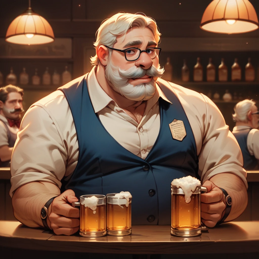 1man,Old West, Bartender, Beer, Whiskey, Liquor Shelf, Huge Mustache, Period Clothing, Old, slight, pot-bellied, Proboscis, big nose, tiny glasses, cartoon, 