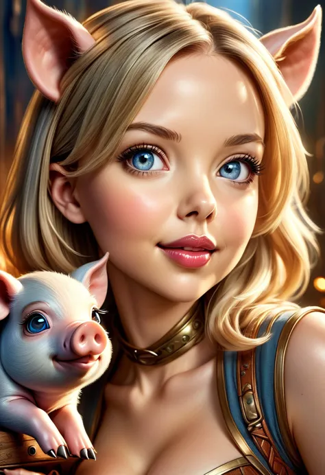 Create an illustrated, hand-drawn, full-color image of an anthropomorphic pig girl. The artwork should be rendered in the style ...