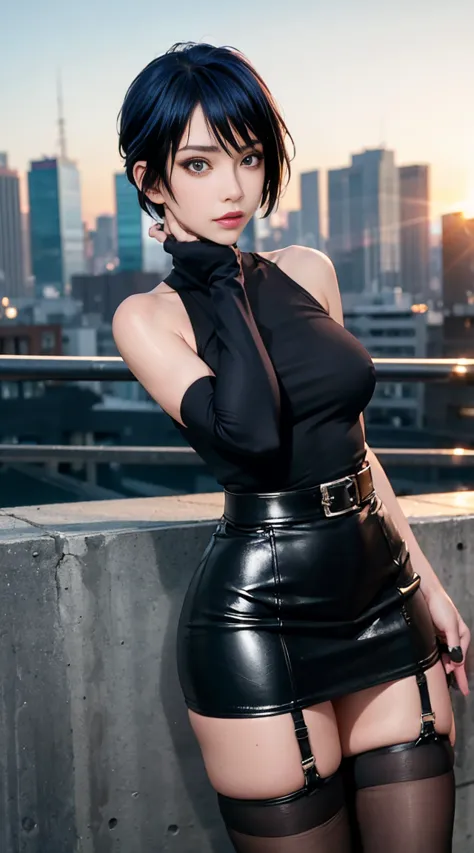 4k quality, the best high quality masterpiece, punk girl wearing thin a black shirt, (heavy makeup), blurred city background at ...