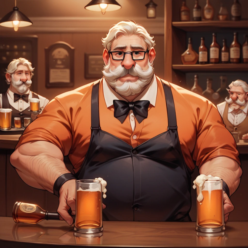 1 homme,vieux West, barman, bière, WHISKY, Étagère à alcool, énorme moustache, vêtements d&#39;époque, vieux, léger, ventru, Trompe, gros nez, petites lunettes 