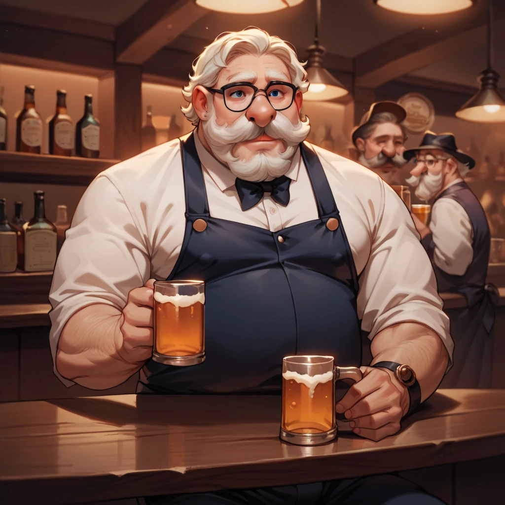 1man,Old West, Bartender, Beer, Whiskey, Liquor Shelf, Huge Mustache, Period Clothing, Old, slight, pot-bellied, Proboscis, big nose, tiny glasses 