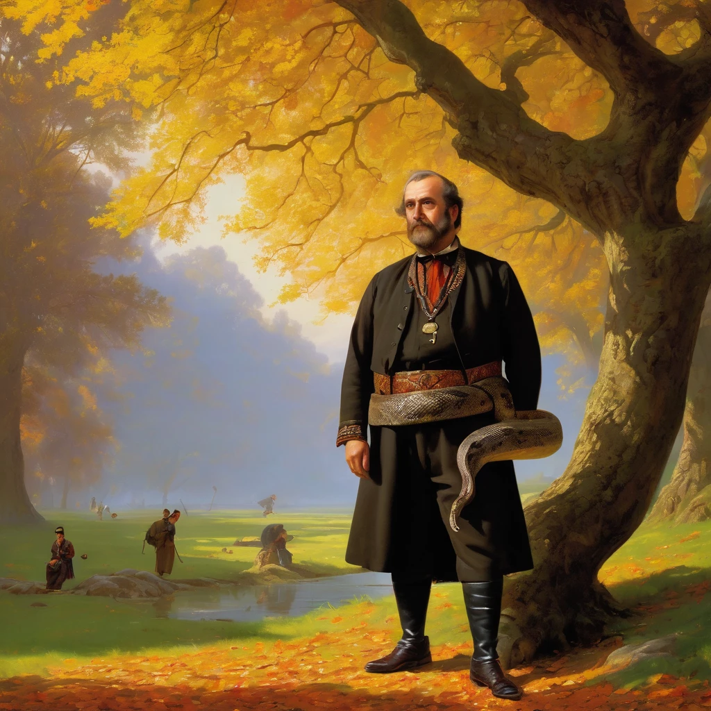 Georgian nationality, Georgian Middle-aged man in traditional outfit, with serious face, looking forward, under giant oak tree, man Bound by snake, man holding snake head, Autumn, leaf on ground, art by Albert Bierstadt, artistic, cinematic, very detailed, bright color, superior quality, intricate detail, highly worthy, rich light, beautiful romantic atmosphere, glowing