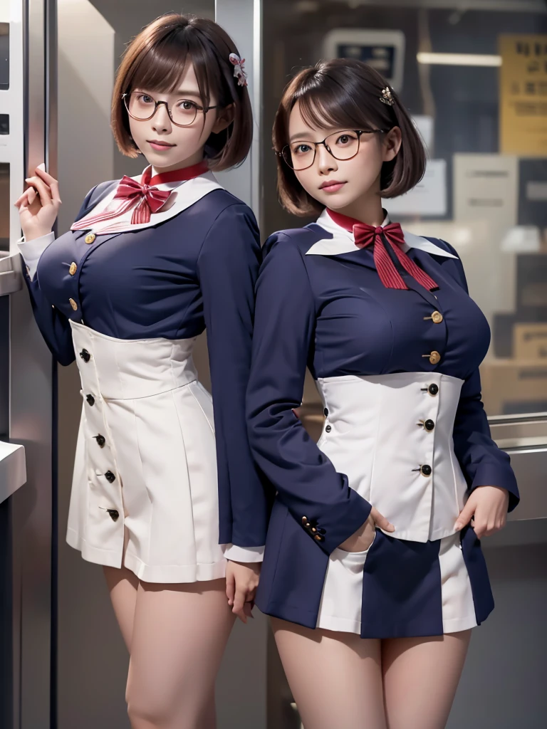 Highest quality、masterpiece、、Very detailed、Realistic、(Two Girls)、(Looking at me with a mischievous smile)、whole body、Small face、Narrow shoulders、(Big Breasts:1.4)、Thin and beautiful legs、Tight and slim waist、 uniform、(Navy blue blazer jacket)、(White shirt with buttons and collar:1.2)、(Navy blue mini skirt:1.1)、(Red bow tie)、Short Hair、(Leaning forward:1.6)、Glasses