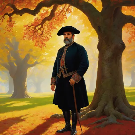 georgian nationality, georgian middle-aged man in traditional outfit, with serious face, looking forward, under giant oak tree, ...