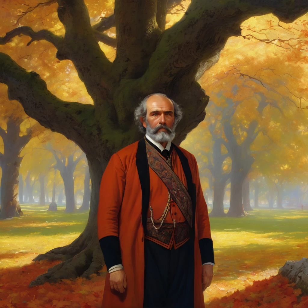 Georgian nationality, Georgian Middle-aged man in traditional outfit, with serious face, looking forward, under giant oak tree, Autumn, leaf on ground, art by Albert Bierstadt, artistic, cinematic, very detailed, bright color, superior quality, intricate detail, highly worthy, rich light, beautiful romantic atmosphere, glowing